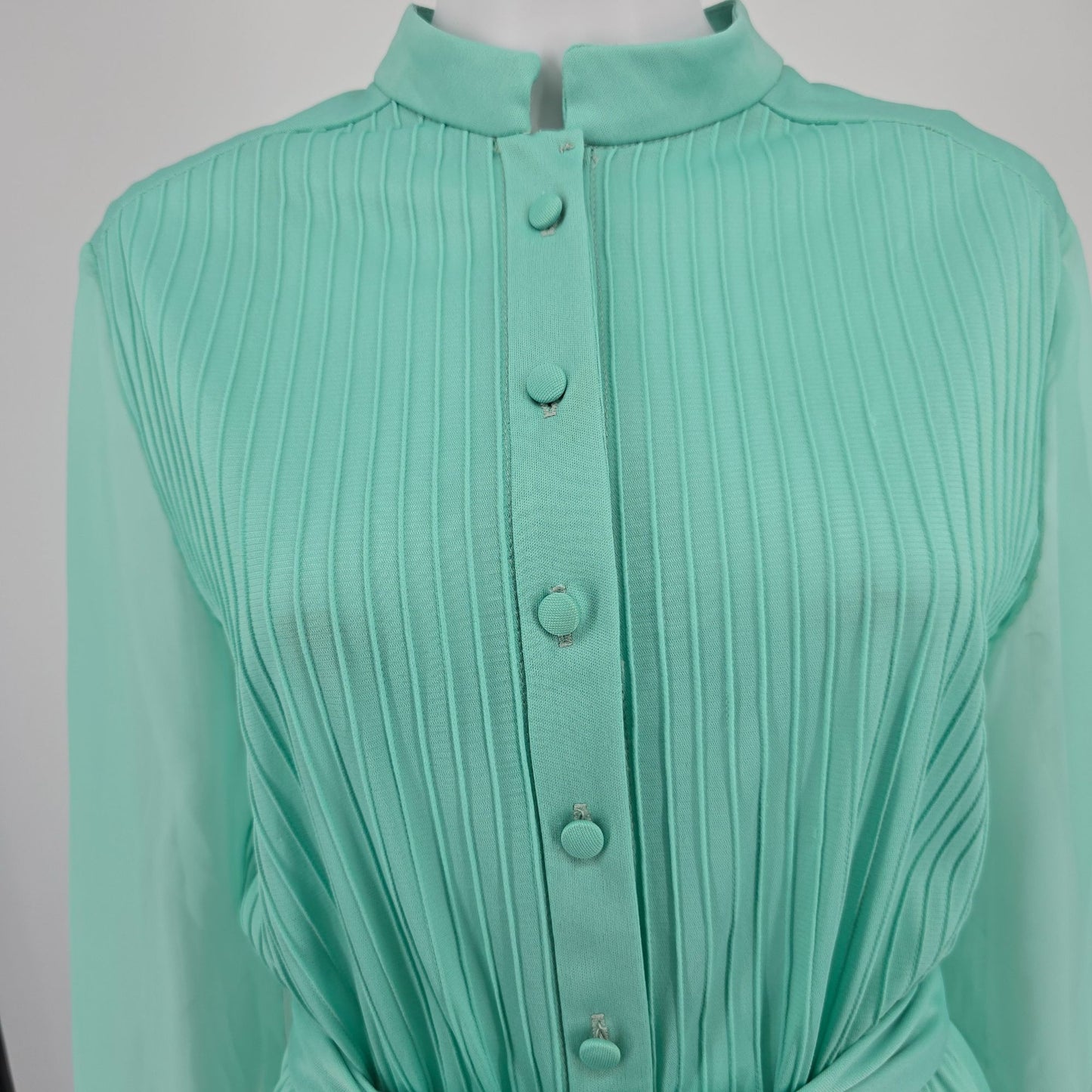 Vintage 1970s Mint Green Ethereal Sheer Belted Pleated Blouson Mini Dress (M)