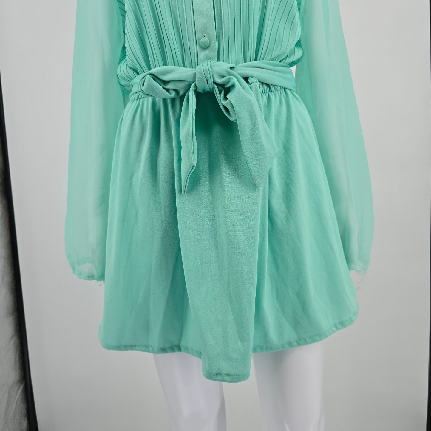 Vintage 1970s Mint Green Ethereal Sheer Belted Pleated Blouson Mini Dress (M)