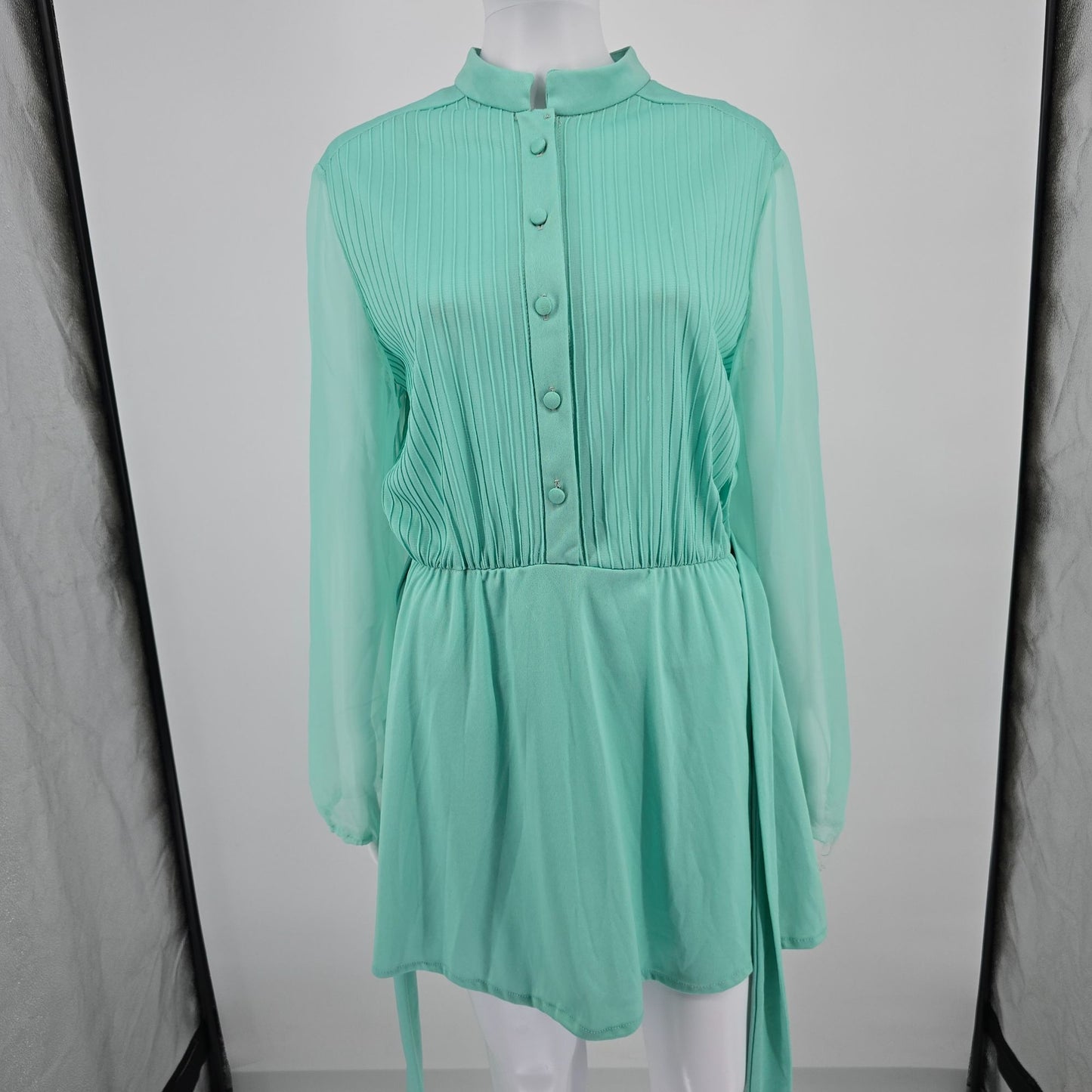 Vintage 1970s Mint Green Ethereal Sheer Belted Pleated Blouson Mini Dress (M)