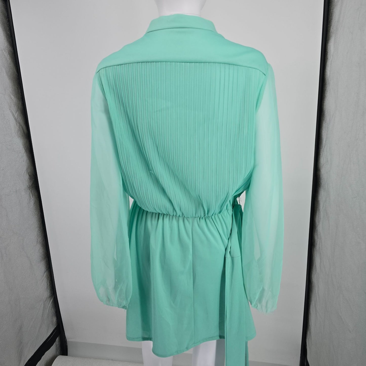 Vintage 1970s Mint Green Ethereal Sheer Belted Pleated Blouson Mini Dress (M)