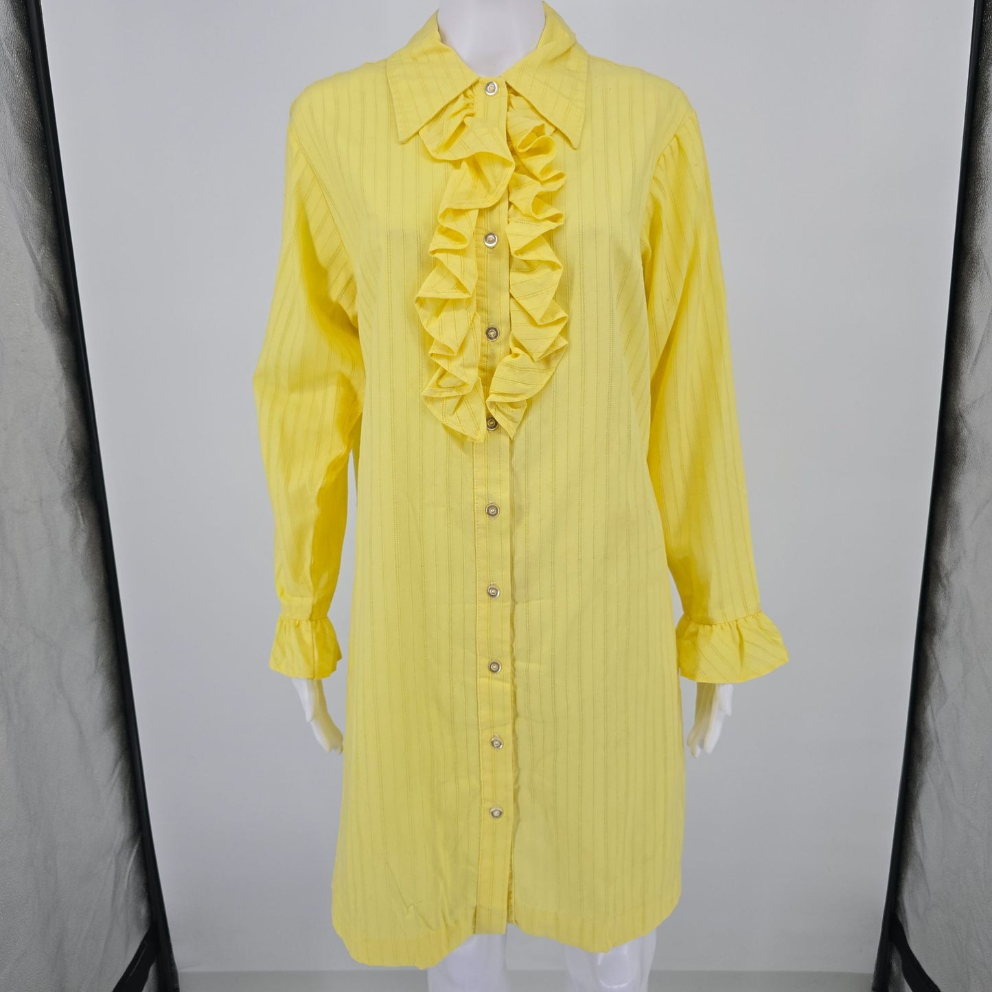Vintage 1970s Yellow Openwork Striped Ruffle-Front Tuxedo Shirt Dress/Tunic (L)