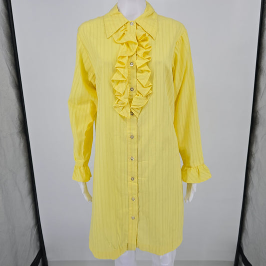 Vintage 1970s Yellow Openwork Striped Ruffle-Front Tuxedo Shirt Dress/Tunic (L)