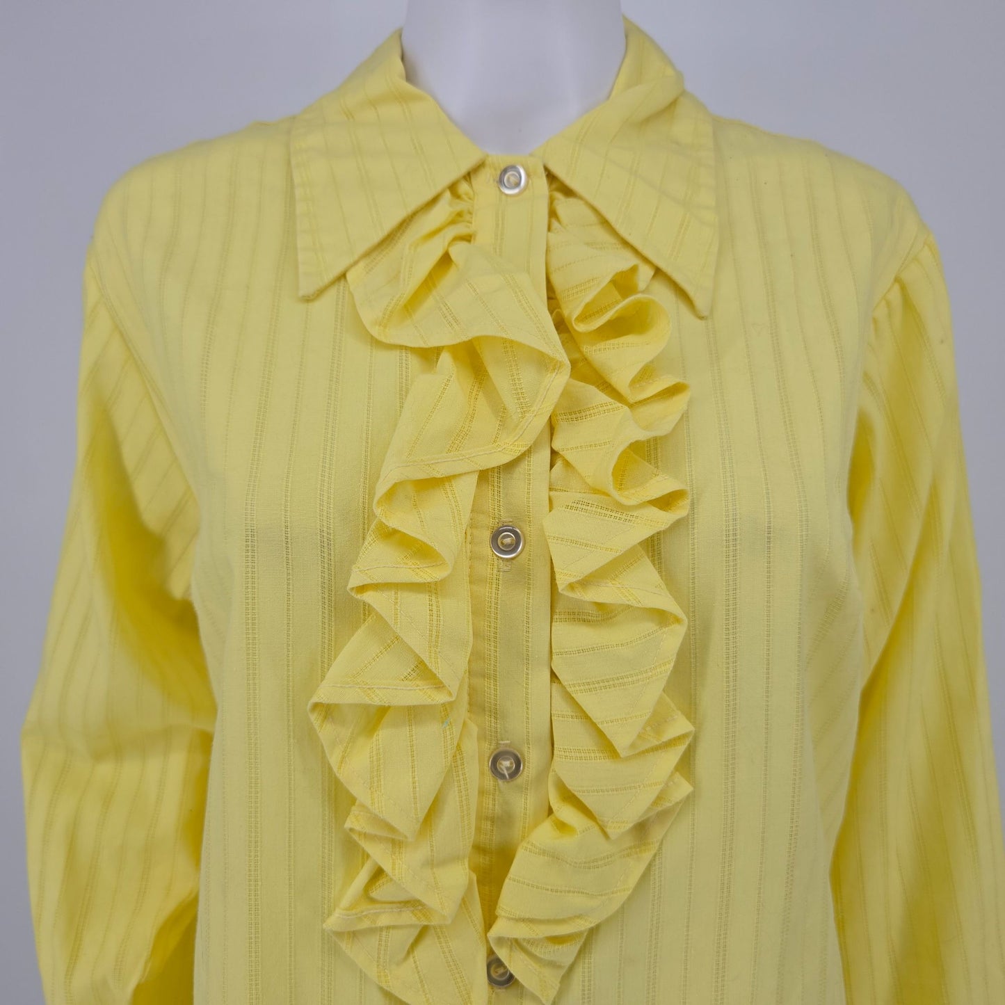 Vintage 1970s Yellow Openwork Striped Ruffle-Front Tuxedo Shirt Dress/Tunic (L)