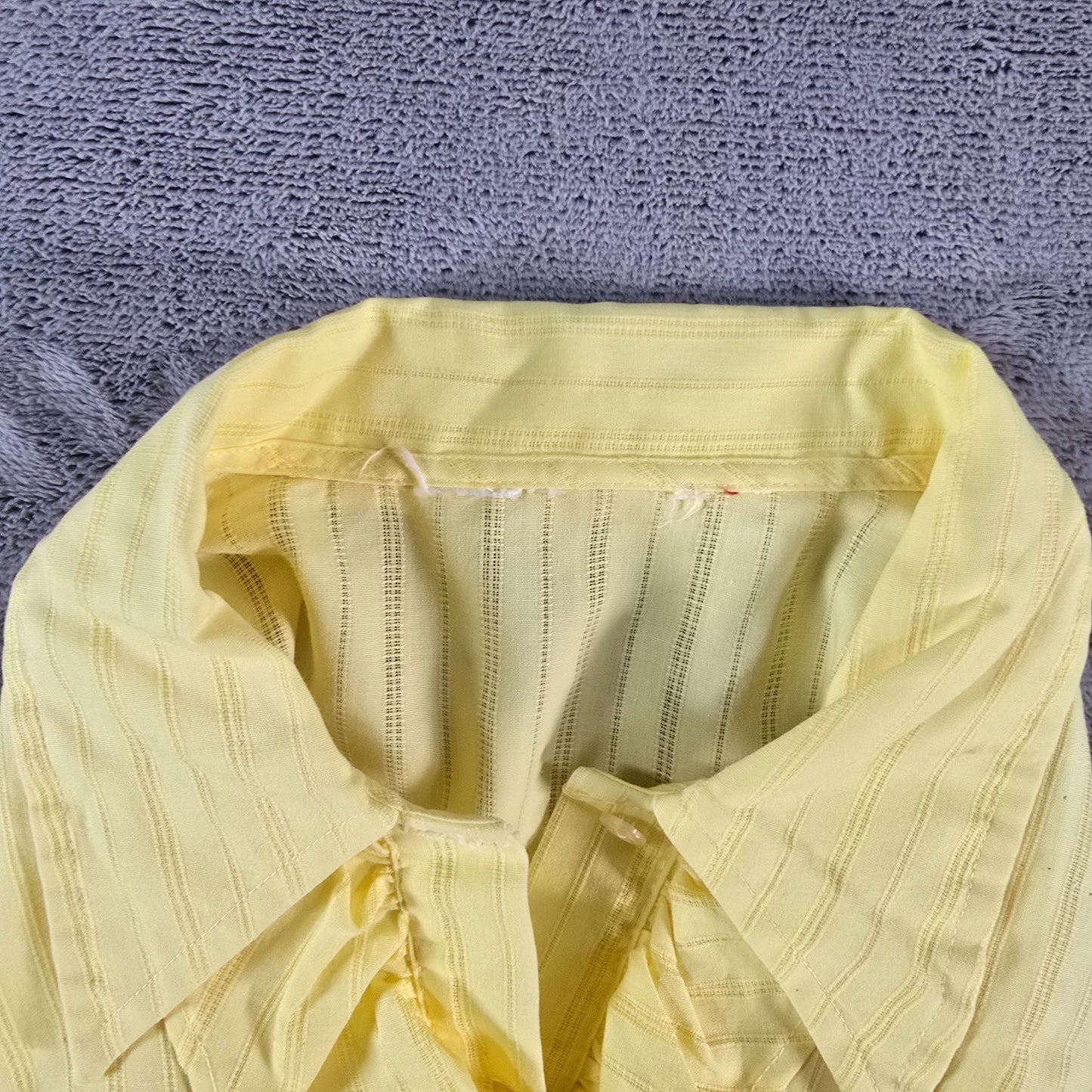 Vintage 1970s Yellow Openwork Striped Ruffle-Front Tuxedo Shirt Dress/Tunic (L)