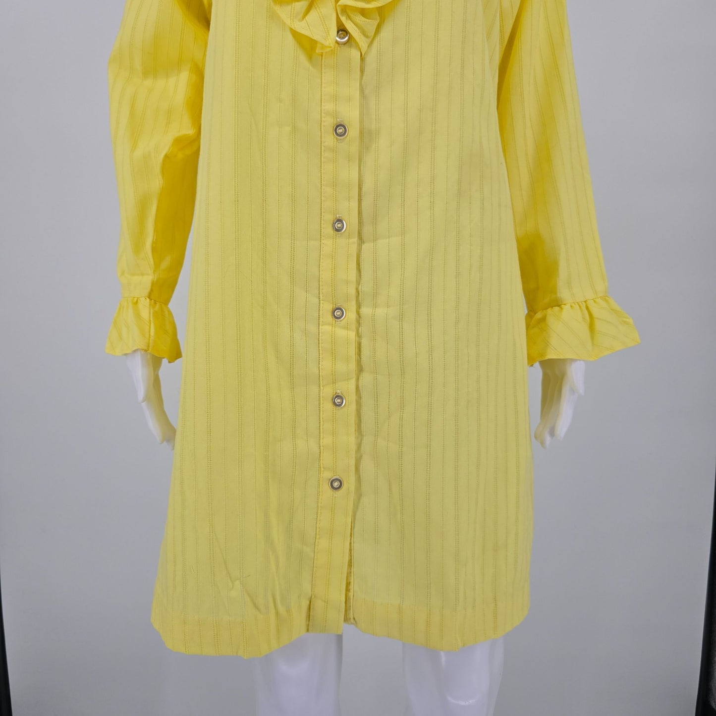 Vintage 1970s Yellow Openwork Striped Ruffle-Front Tuxedo Shirt Dress/Tunic (L)