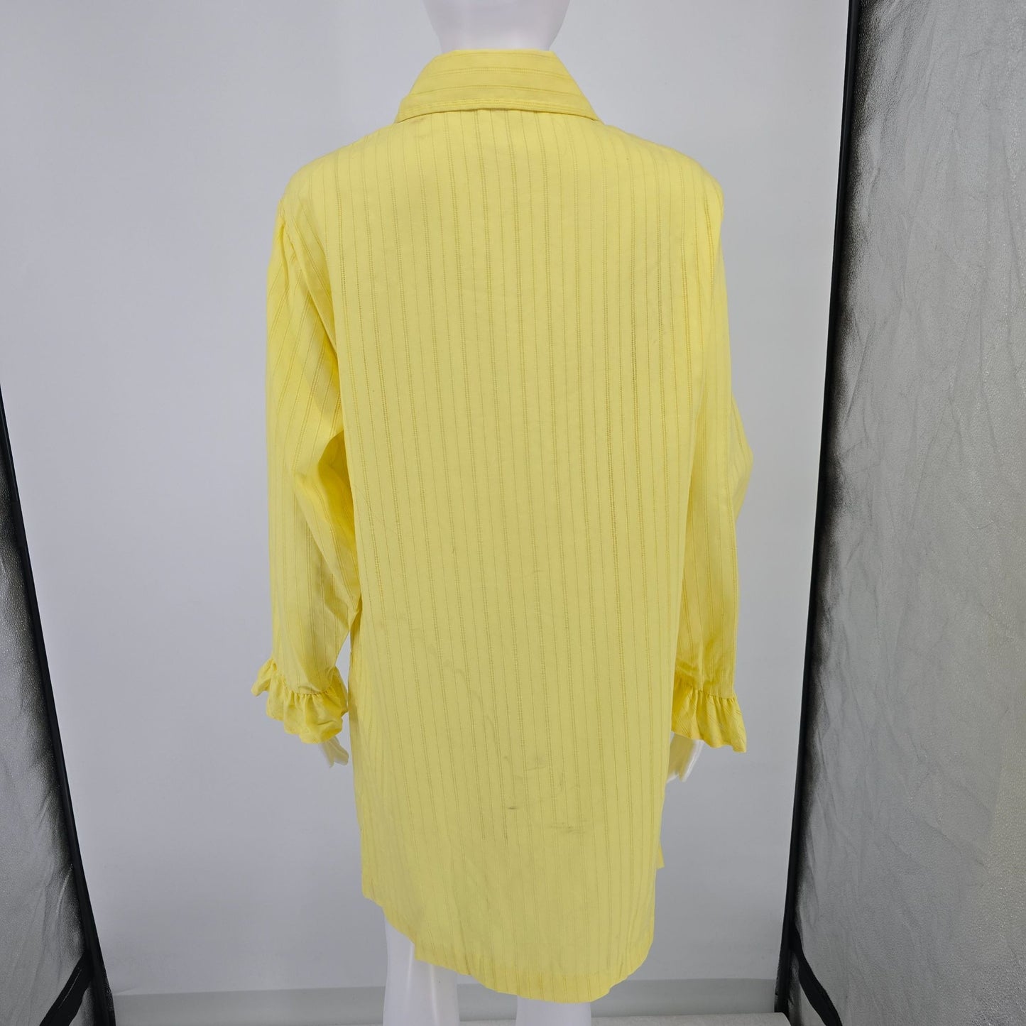 Vintage 1970s Yellow Openwork Striped Ruffle-Front Tuxedo Shirt Dress/Tunic (L)