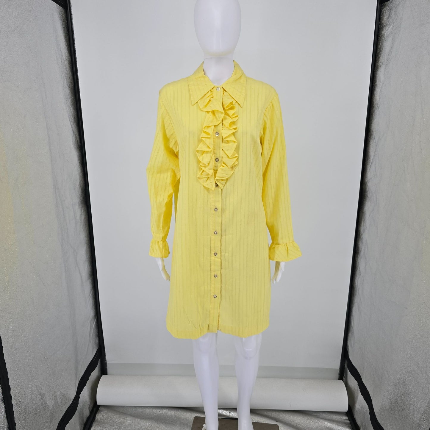 Vintage 1970s Yellow Openwork Striped Ruffle-Front Tuxedo Shirt Dress/Tunic (L)