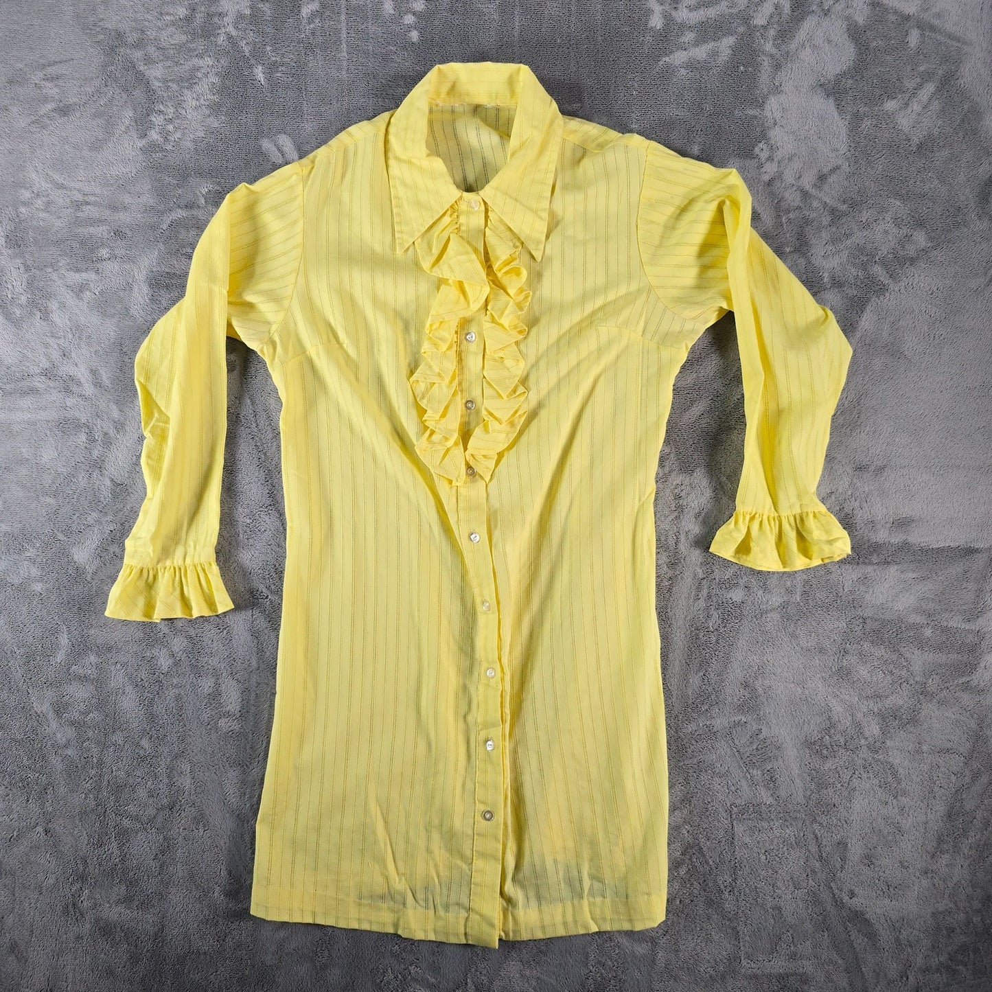Vintage 1970s Yellow Openwork Striped Ruffle-Front Tuxedo Shirt Dress/Tunic (L)