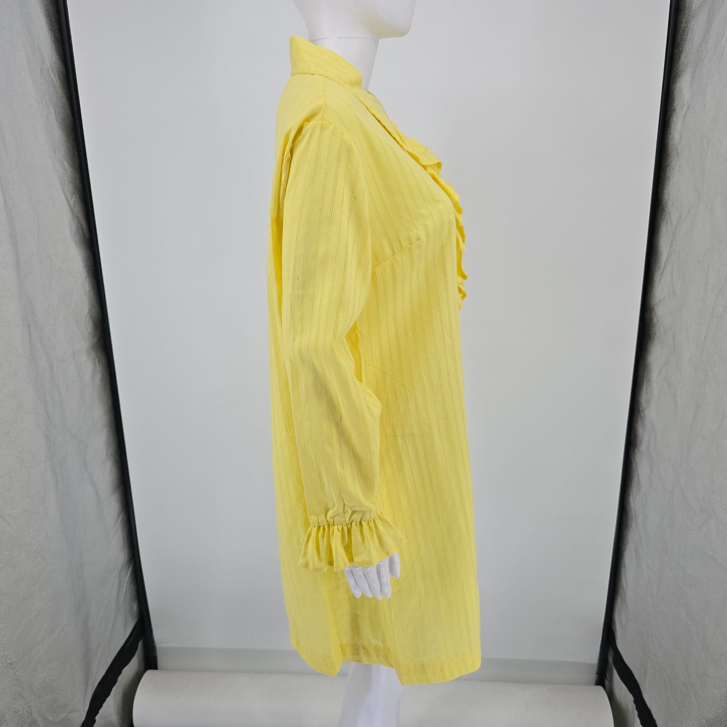 Vintage 1970s Yellow Openwork Striped Ruffle-Front Tuxedo Shirt Dress/Tunic (L)