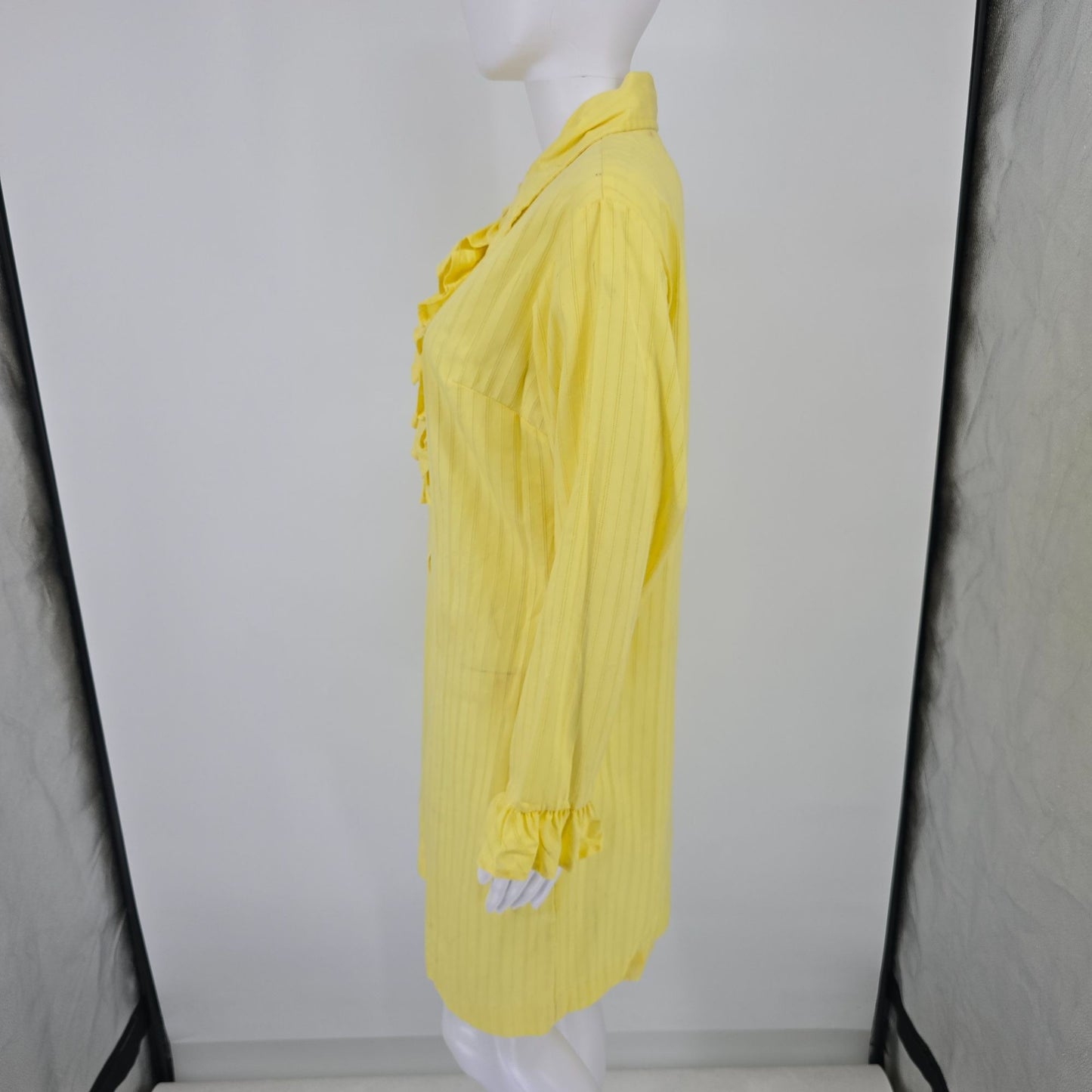 Vintage 1970s Yellow Openwork Striped Ruffle-Front Tuxedo Shirt Dress/Tunic (L)