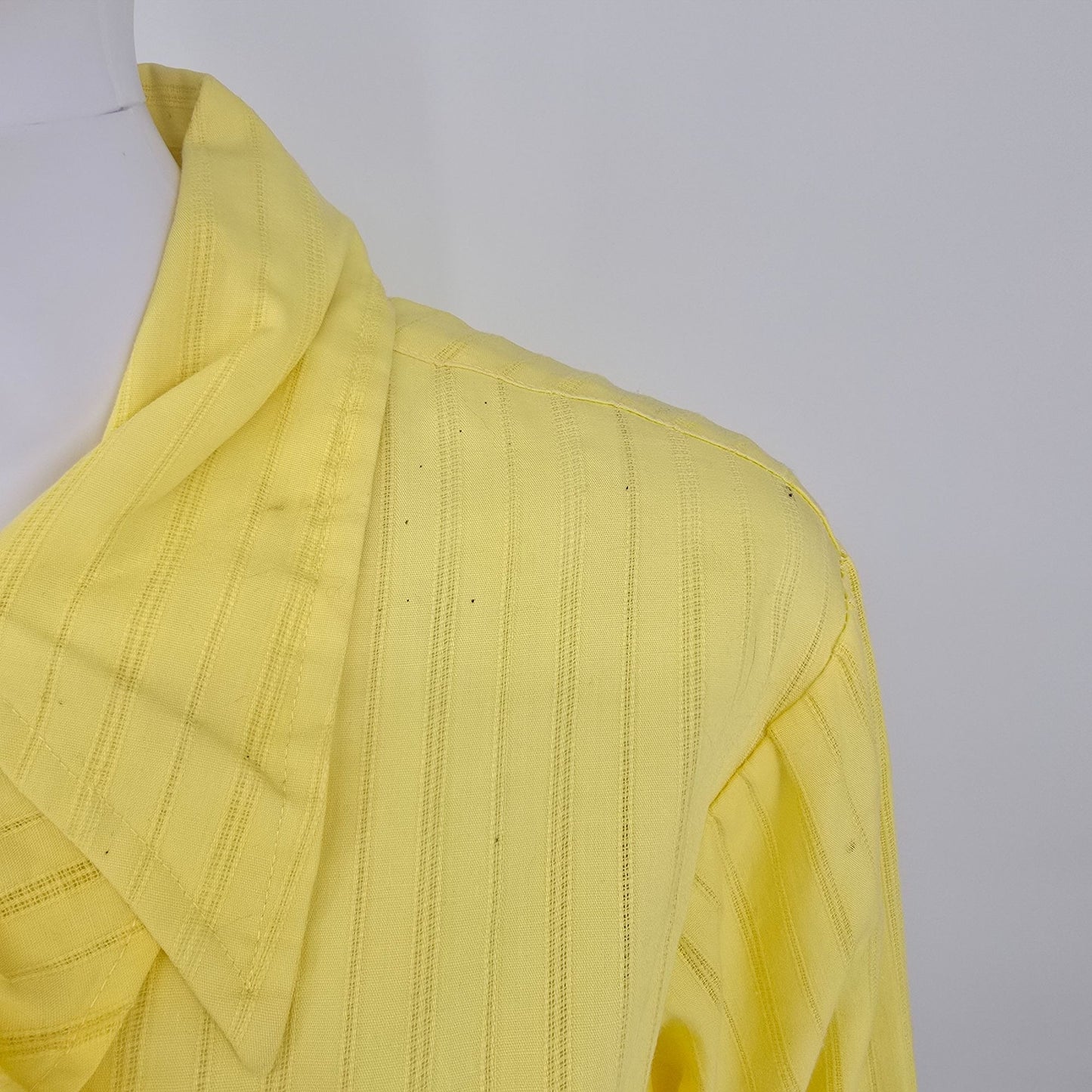 Vintage 1970s Yellow Openwork Striped Ruffle-Front Tuxedo Shirt Dress/Tunic (L)