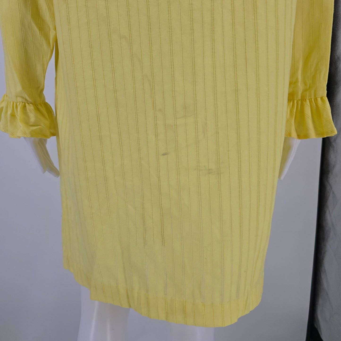 Vintage 1970s Yellow Openwork Striped Ruffle-Front Tuxedo Shirt Dress/Tunic (L)