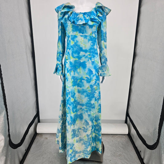 Vintage Early 1970s Watercolor Floral Ruffle Collar Maxi Dress (Size 10/M)