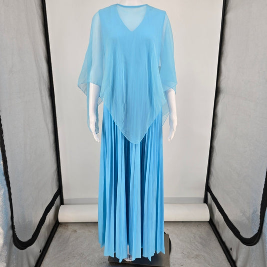 Vintage 1970s Sky Blue Maxi Dress/Chiffon Cape Overlay Formal Two-Piece Set (M)