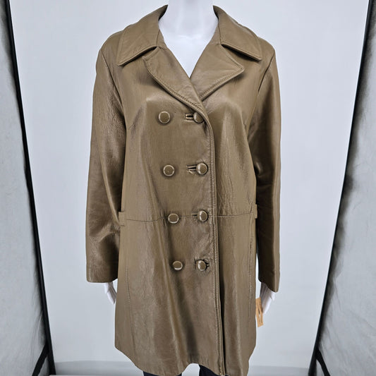 Vintage 1970s Unbranded Double-Breasted Olive Taupe Leather Coat (XL) *Fair