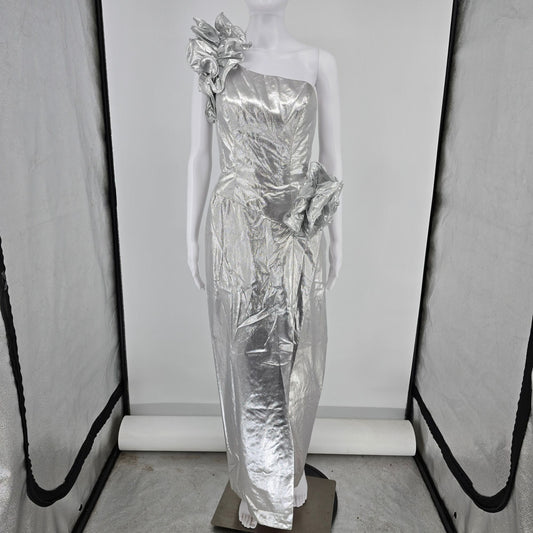 Vintage 1980s Mike Benet Formals Silver Metallic One Shoulder Prom Dress (XS)