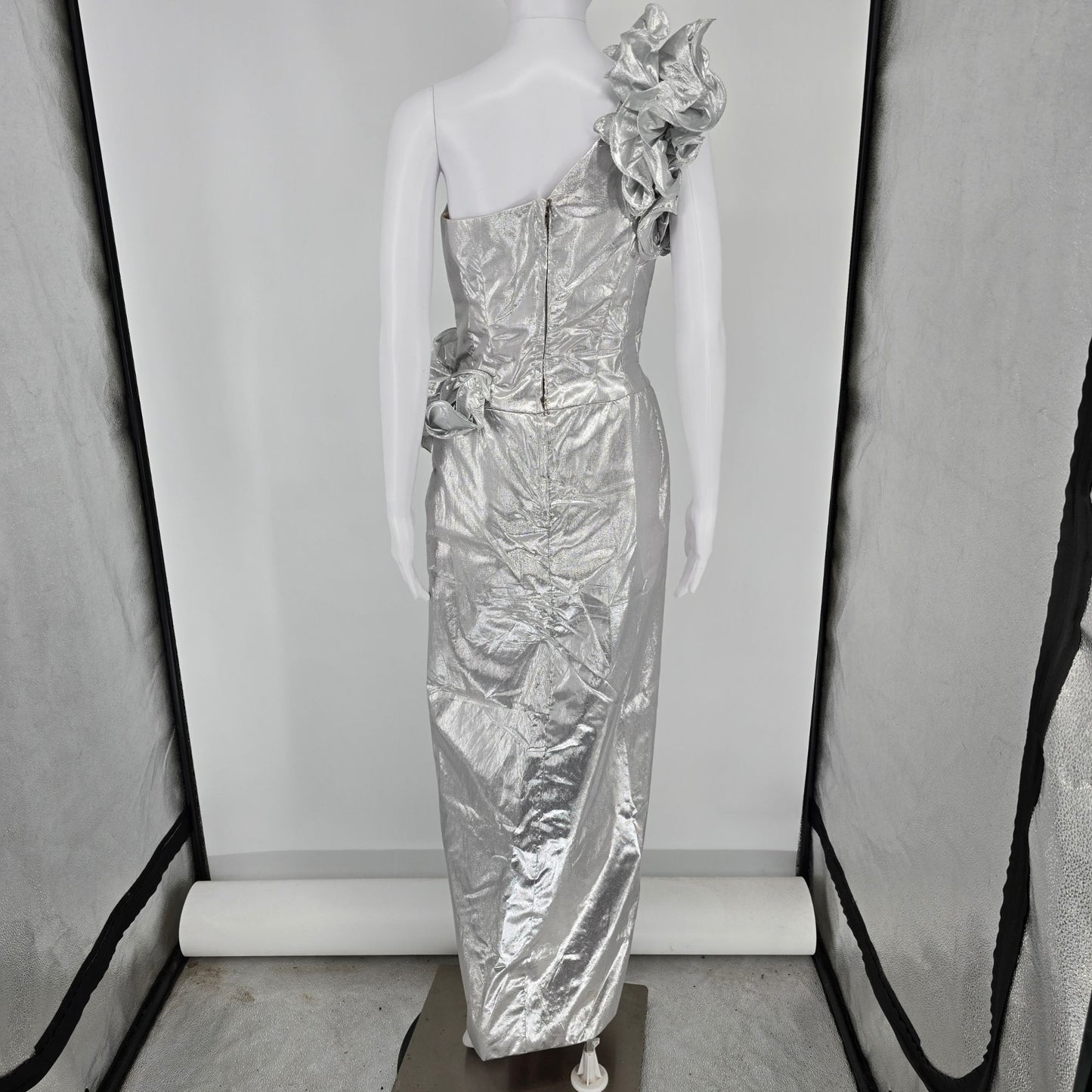 Vintage 1980s Mike Benet Formals Silver Metallic One Shoulder Prom Dress (XS)