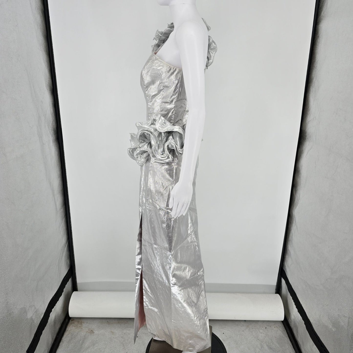 Vintage 1980s Mike Benet Formals Silver Metallic One Shoulder Prom Dress (XS)