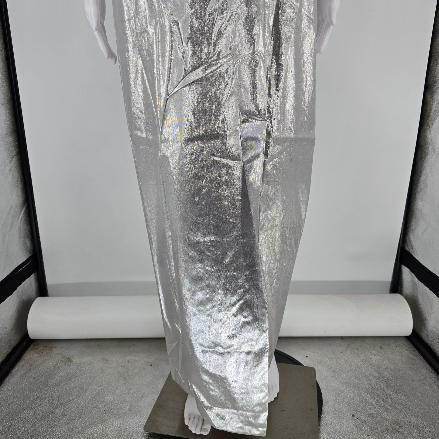 Vintage 1980s Mike Benet Formals Silver Metallic One Shoulder Prom Dress (XS)