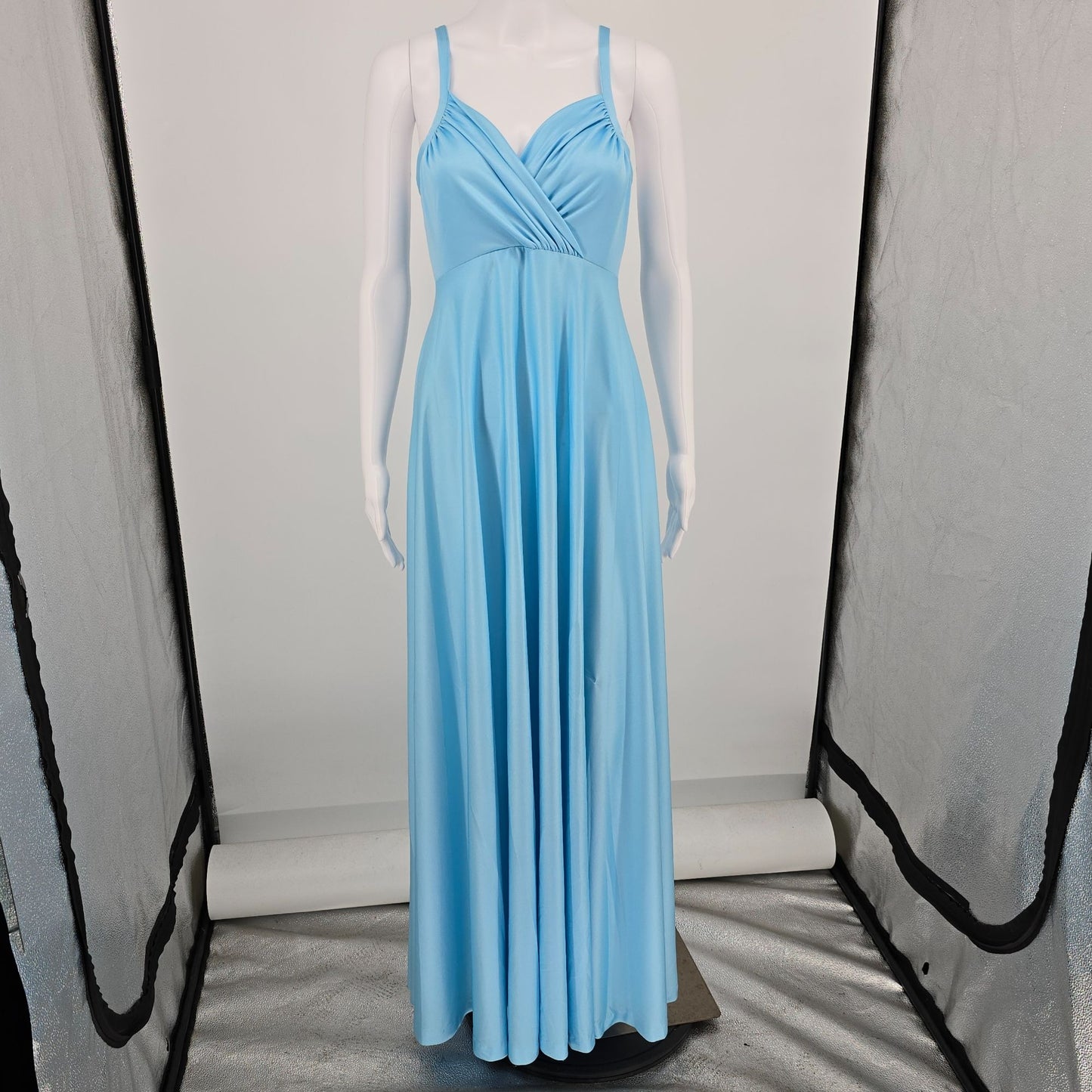 Vintage 1970s Light Blue Slinky Knit Spaghetti Strap Goddess Gown/Maxi Dress (S)