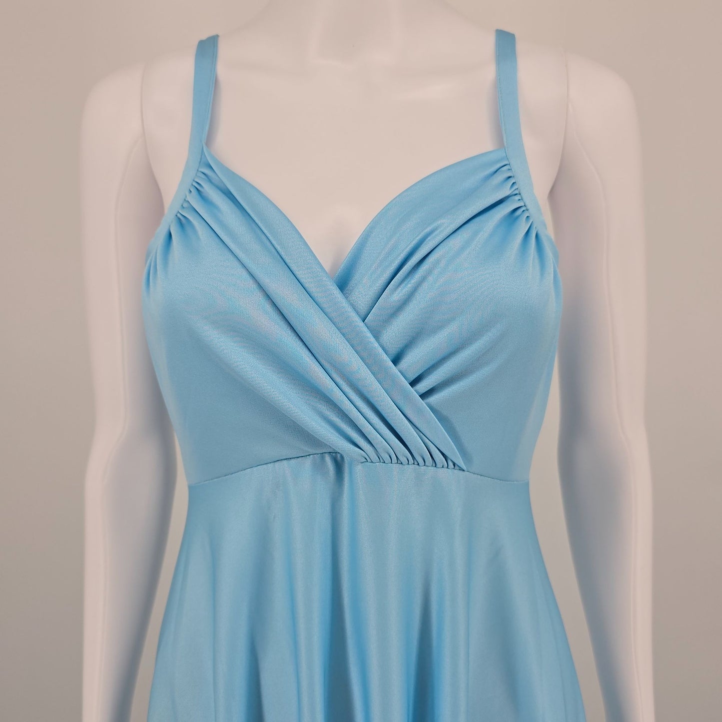Vintage 1970s Light Blue Slinky Knit Spaghetti Strap Goddess Gown/Maxi Dress (S)