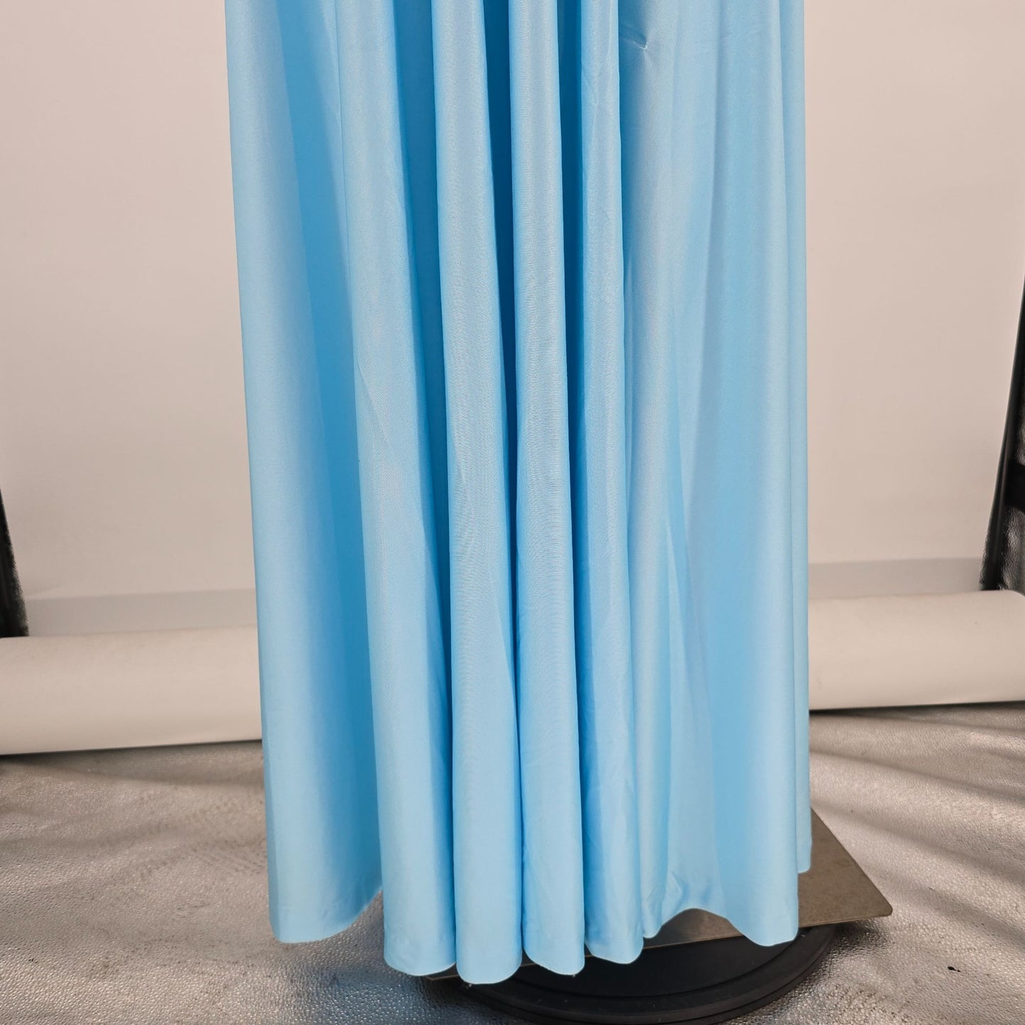Vintage 1970s Light Blue Slinky Knit Spaghetti Strap Goddess Gown/Maxi Dress (S)