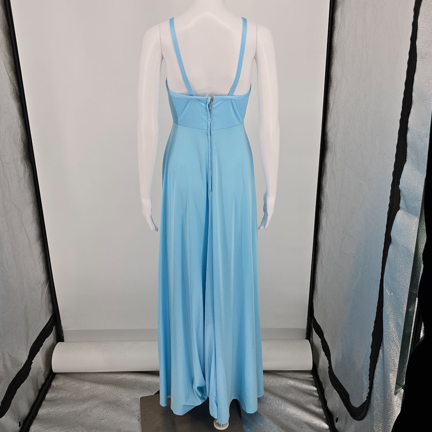 Vintage 1970s Light Blue Slinky Knit Spaghetti Strap Goddess Gown/Maxi Dress (S)