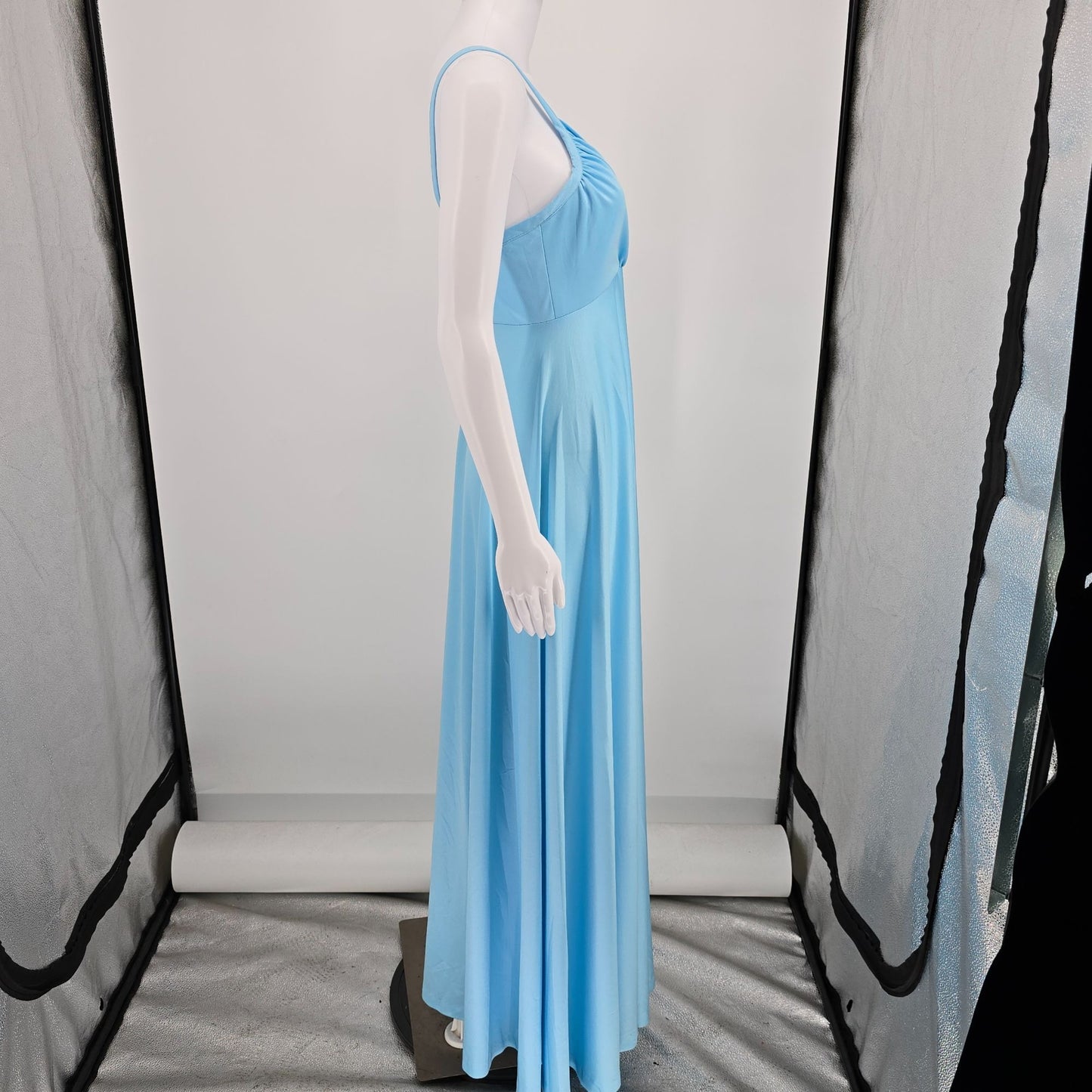 Vintage 1970s Light Blue Slinky Knit Spaghetti Strap Goddess Gown/Maxi Dress (S)