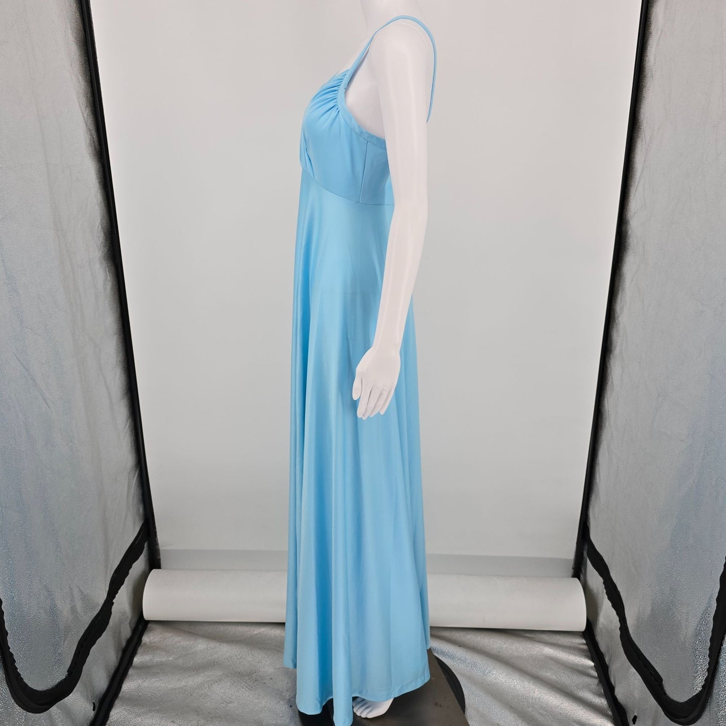 Vintage 1970s Light Blue Slinky Knit Spaghetti Strap Goddess Gown/Maxi Dress (S)