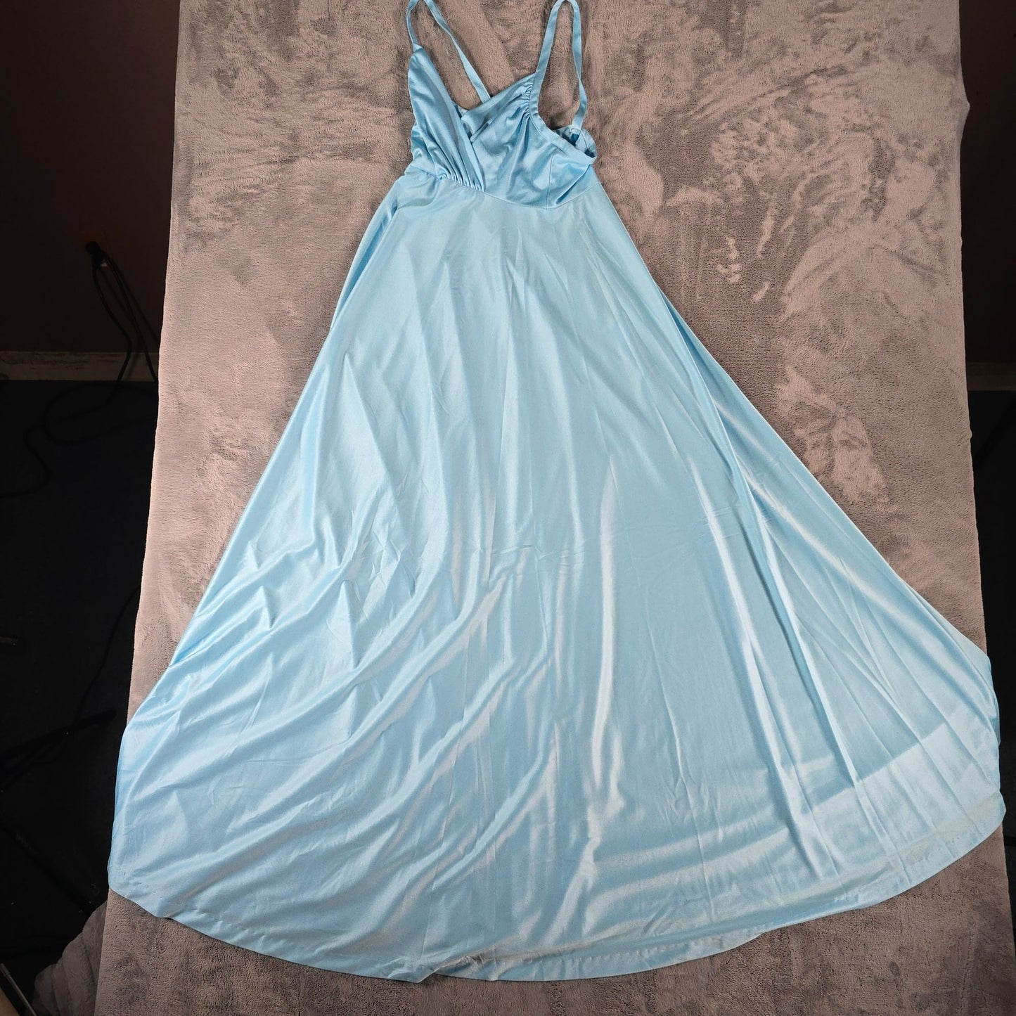 Vintage 1970s Light Blue Slinky Knit Spaghetti Strap Goddess Gown/Maxi Dress (S)