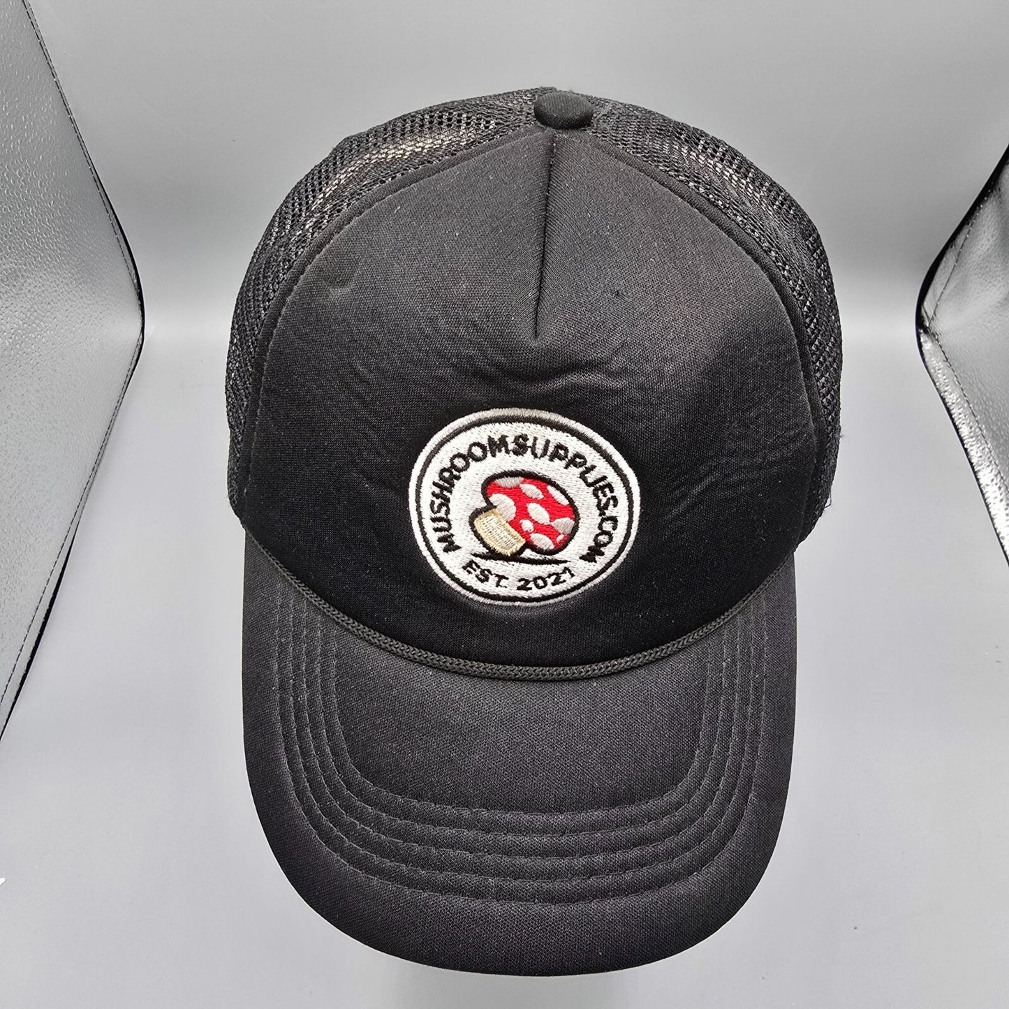 Mushroomsupplies.com Est. 2021 Black Embroidered Patch Mesh Snapback Trucker Hat
