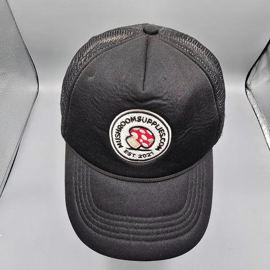Mushroomsupplies.com Est. 2021 Black Embroidered Patch Mesh Snapback Trucker Hat