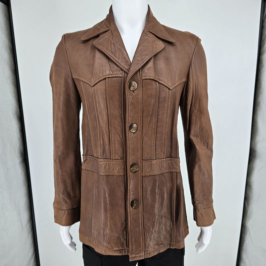Vintage 1970s Jo-o-Kay Plaid Lining Brown Leather Western Panel Jacket (S)