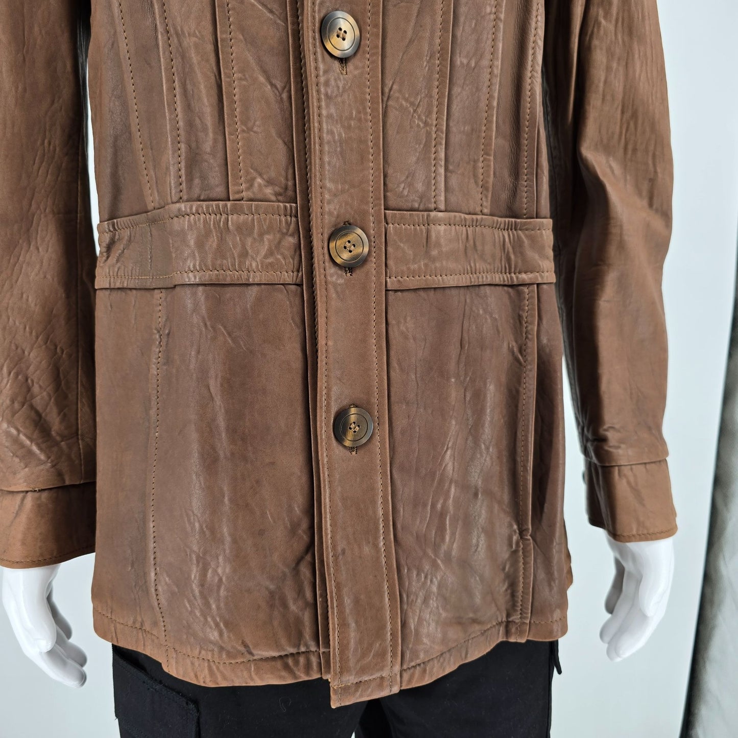 Vintage 1970s Jo-o-Kay Plaid Lining Brown Leather Western Panel Jacket (S)