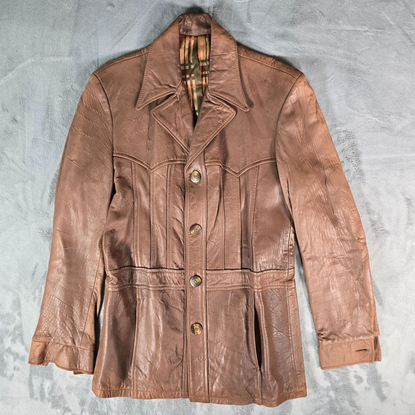 Vintage 1970s Jo-o-Kay Plaid Lining Brown Leather Western Panel Jacket (S)