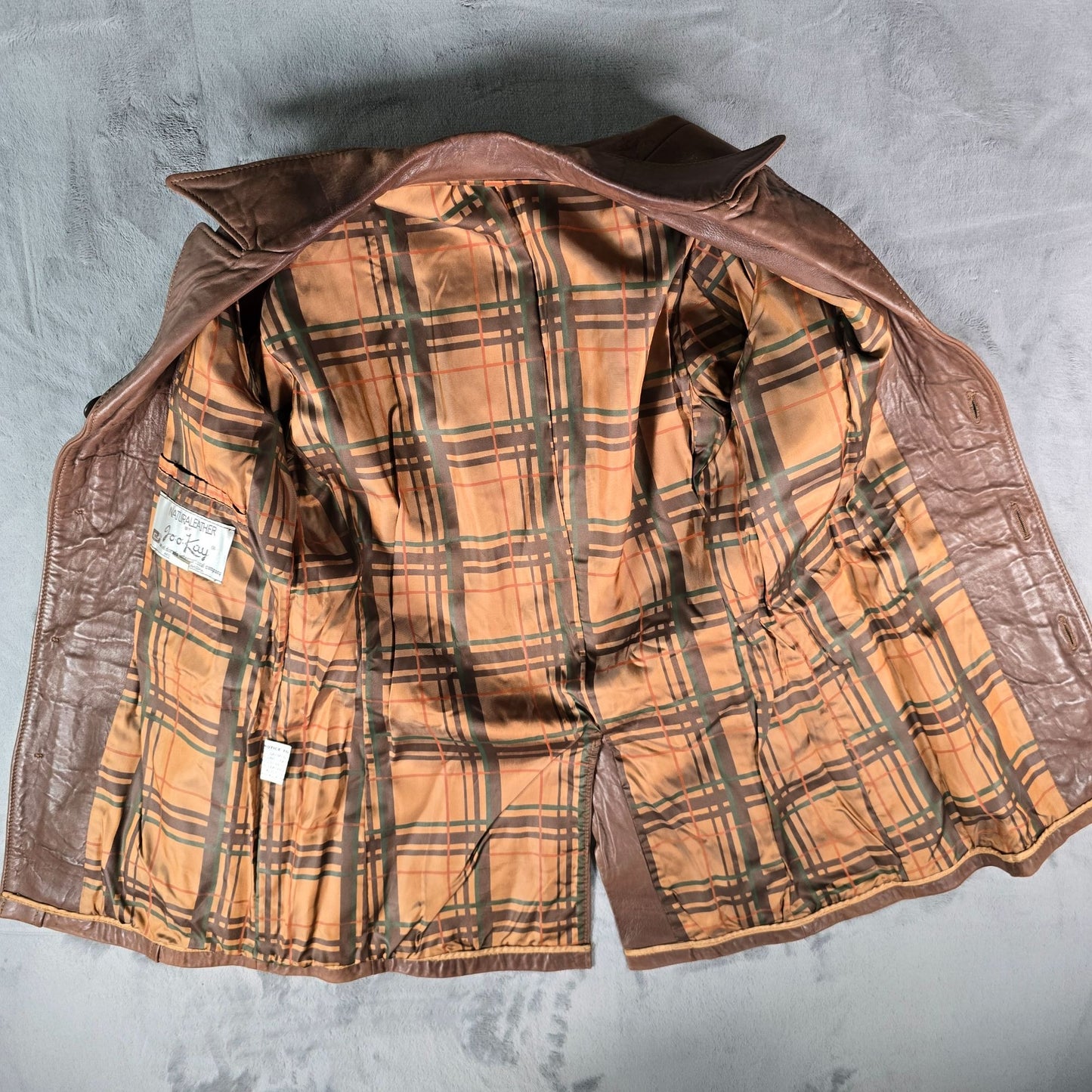 Vintage 1970s Jo-o-Kay Plaid Lining Brown Leather Western Panel Jacket (S)