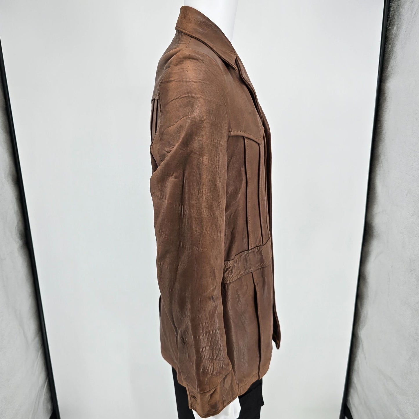 Vintage 1970s Jo-o-Kay Plaid Lining Brown Leather Western Panel Jacket (S)