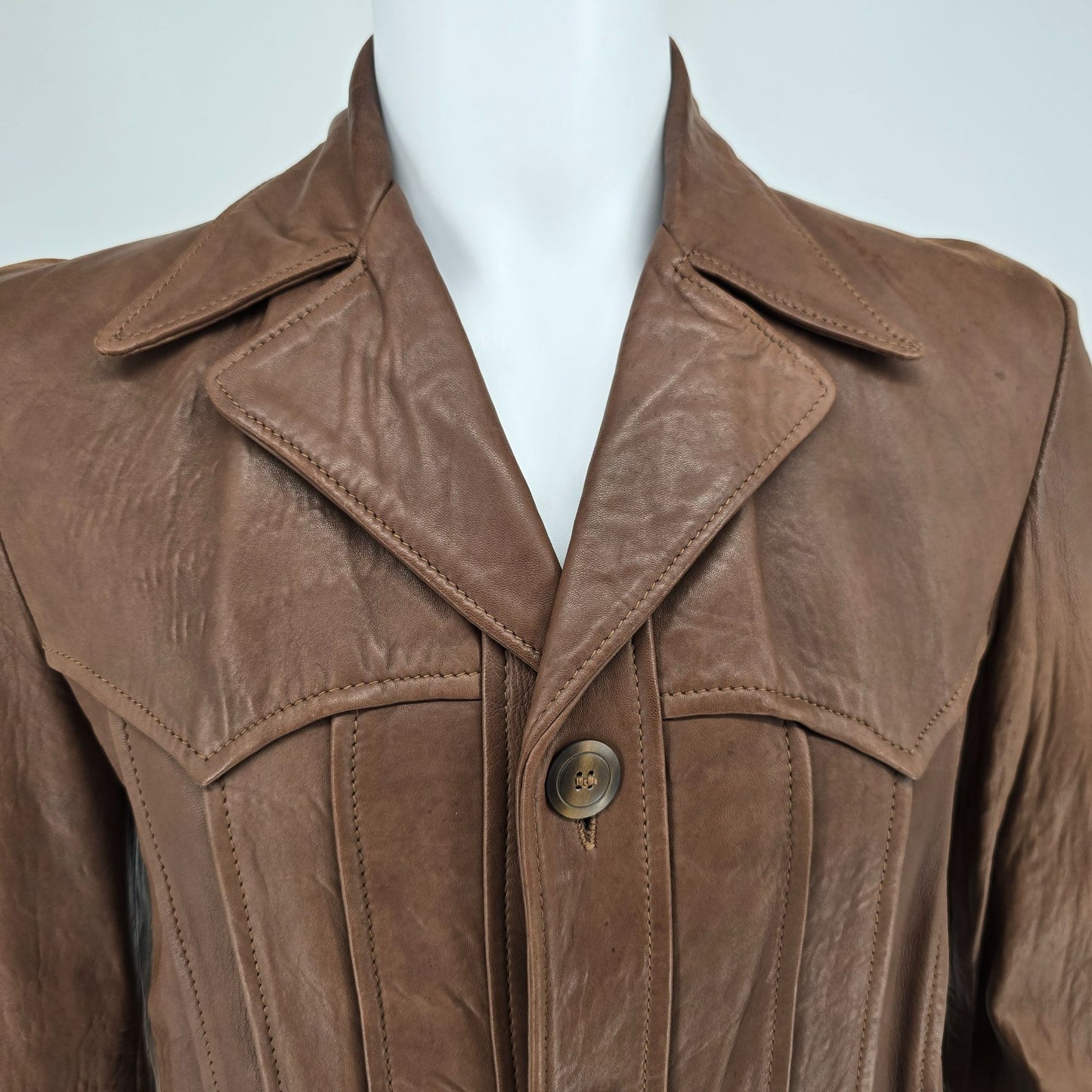 Vintage 1970s Jo-o-Kay Plaid Lining Brown Leather Western Panel Jacket (S)