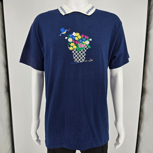 Vintage 1990s P.S. Originals Cottagecore Floral Bluebird Collared T-Shirt (XL)