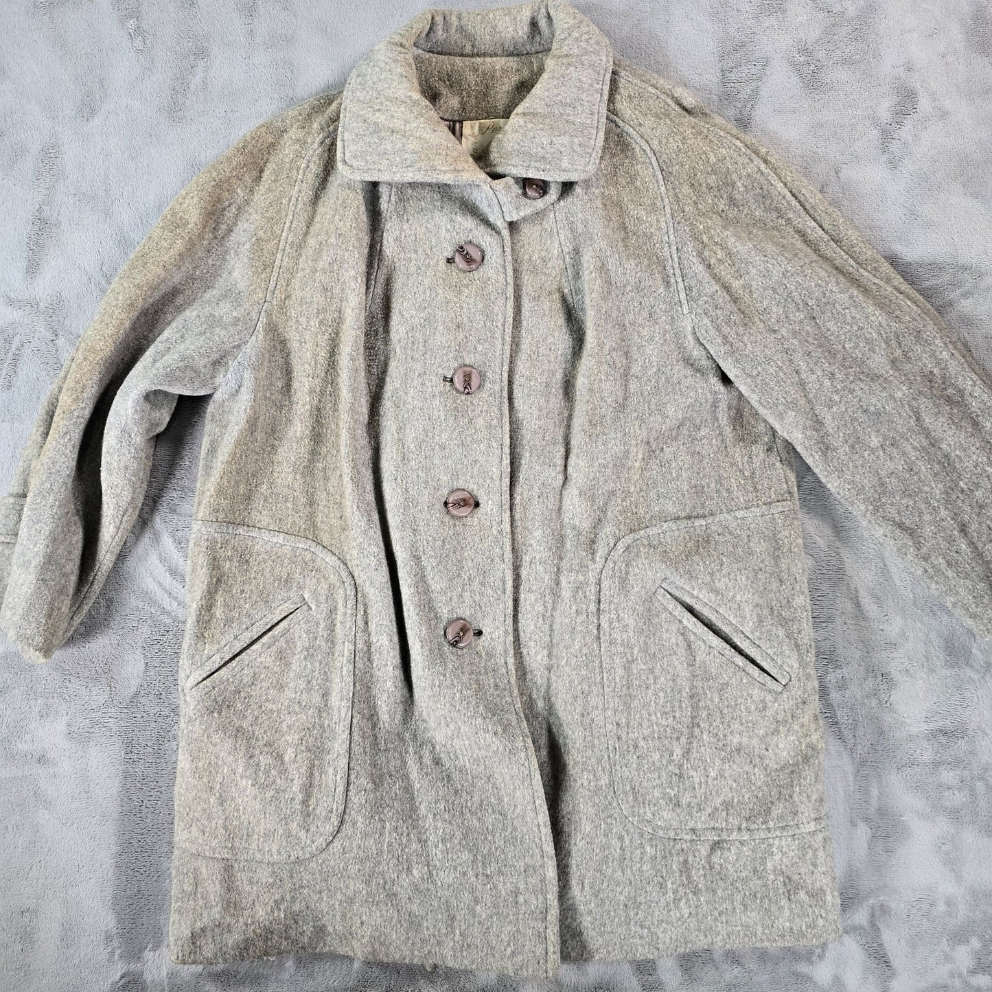 Distressed Vintage 1960s Lady Penguin Fashions Heather Gray Wool Car Coat (L)