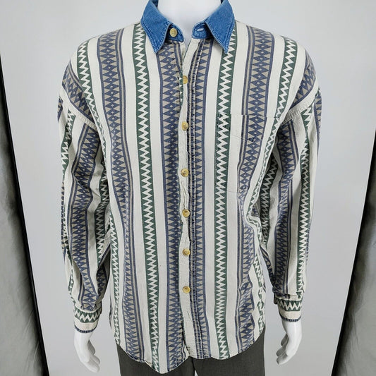 Vintage Rhinoceros Sportswear Mens Denim Collar Aztec Print Button-Up Shirt (XL)