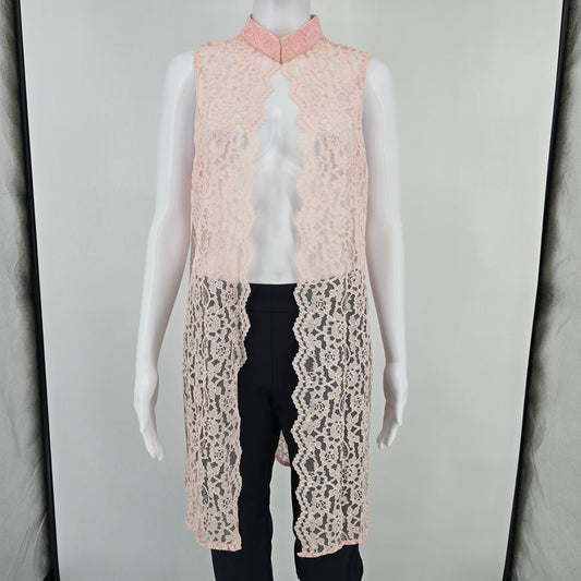 Vintage 1980s Women's Blush Pink Floral Lace Open Front Coquette Duster (M)