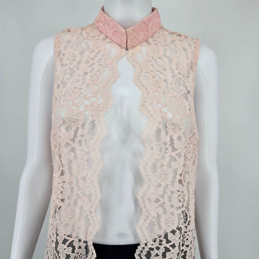 Vintage 1980s Women's Blush Pink Floral Lace Open Front Coquette Duster (M)