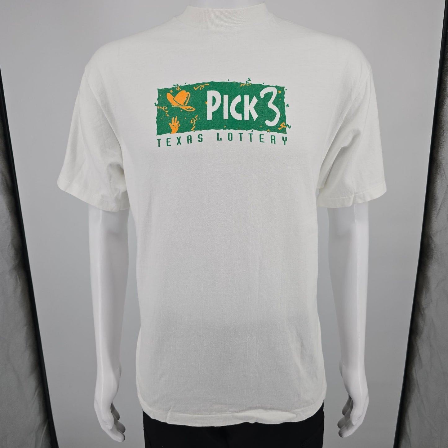 Vintage 1990s Hanes Beefy-T White Texas Lottery Pick 3 Promo T-Shirt (L)