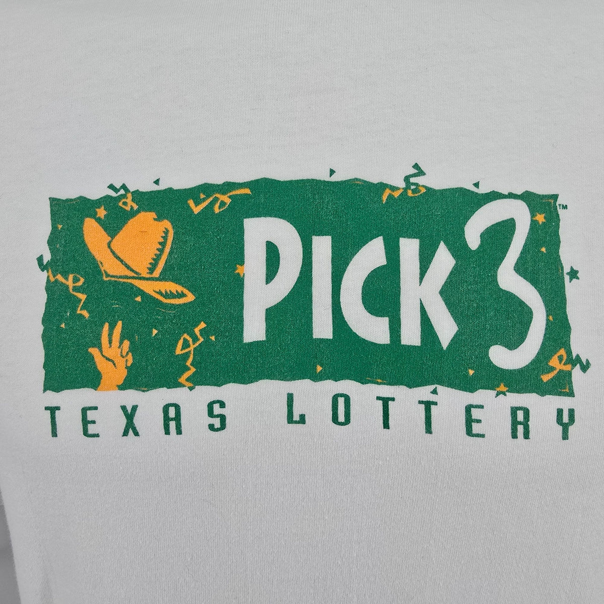Vintage 1990s Hanes Beefy-T White Texas Lottery Pick 3 Promo T-Shirt (L)