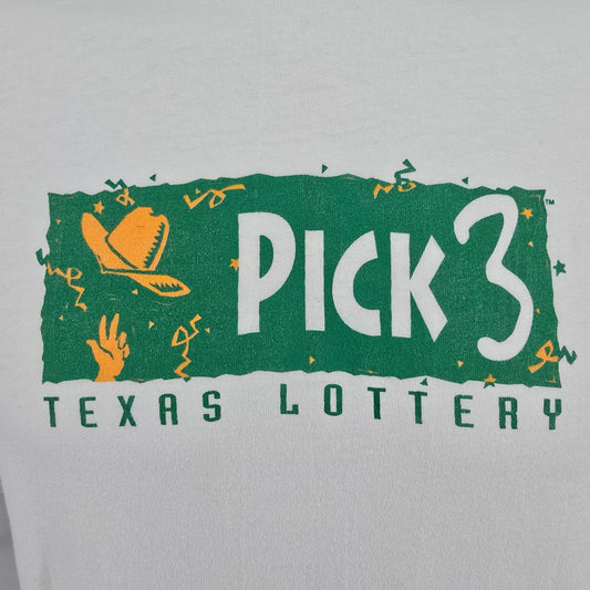 Vintage 1990s Hanes Beefy-T White Texas Lottery Pick 3 Promo T-Shirt (L)
