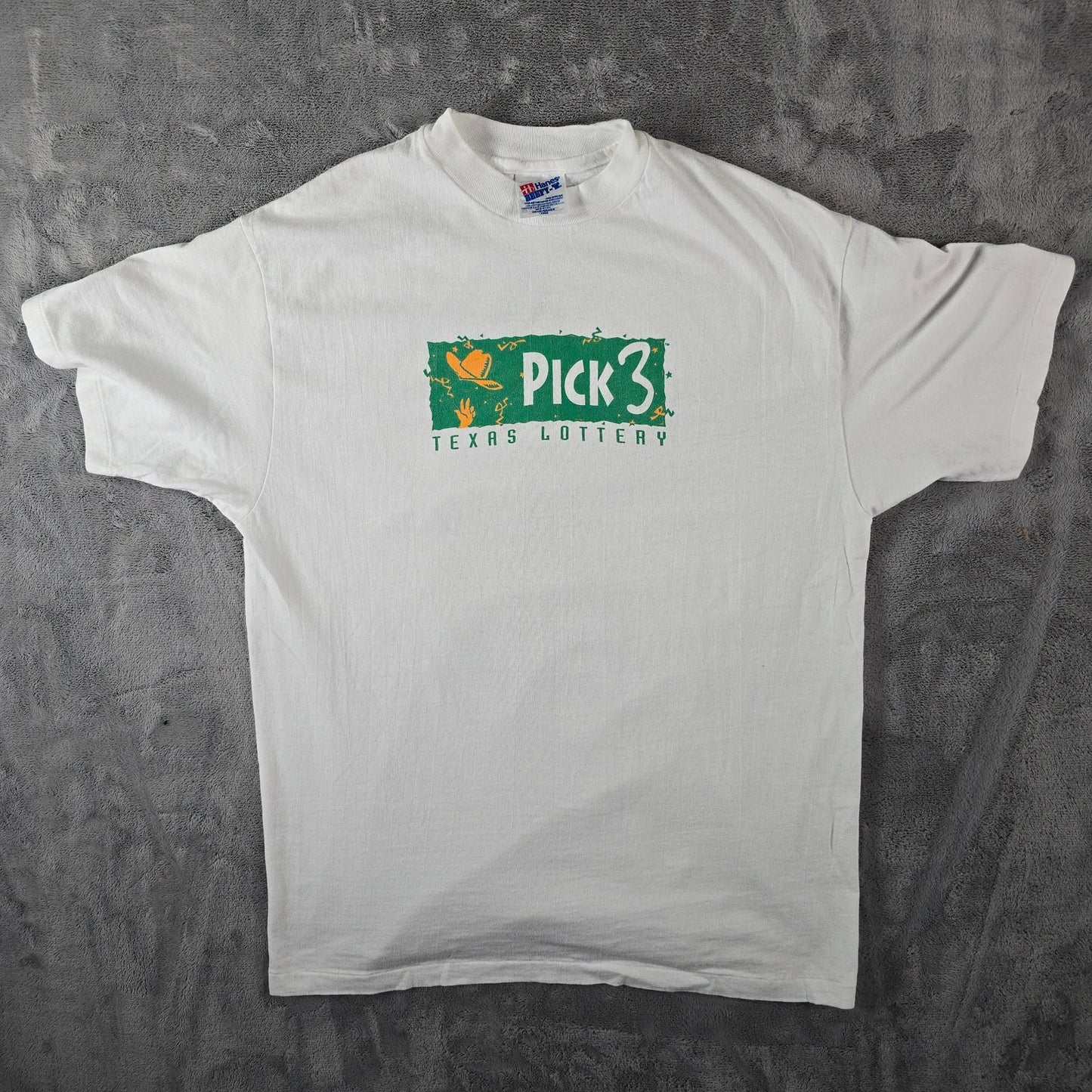 Vintage 1990s Hanes Beefy-T White Texas Lottery Pick 3 Promo T-Shirt (L)