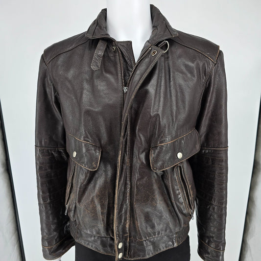 Distressed Vintage 1980s Giuseppi Verdi Dark Brown Leather Biker Jacket (L)