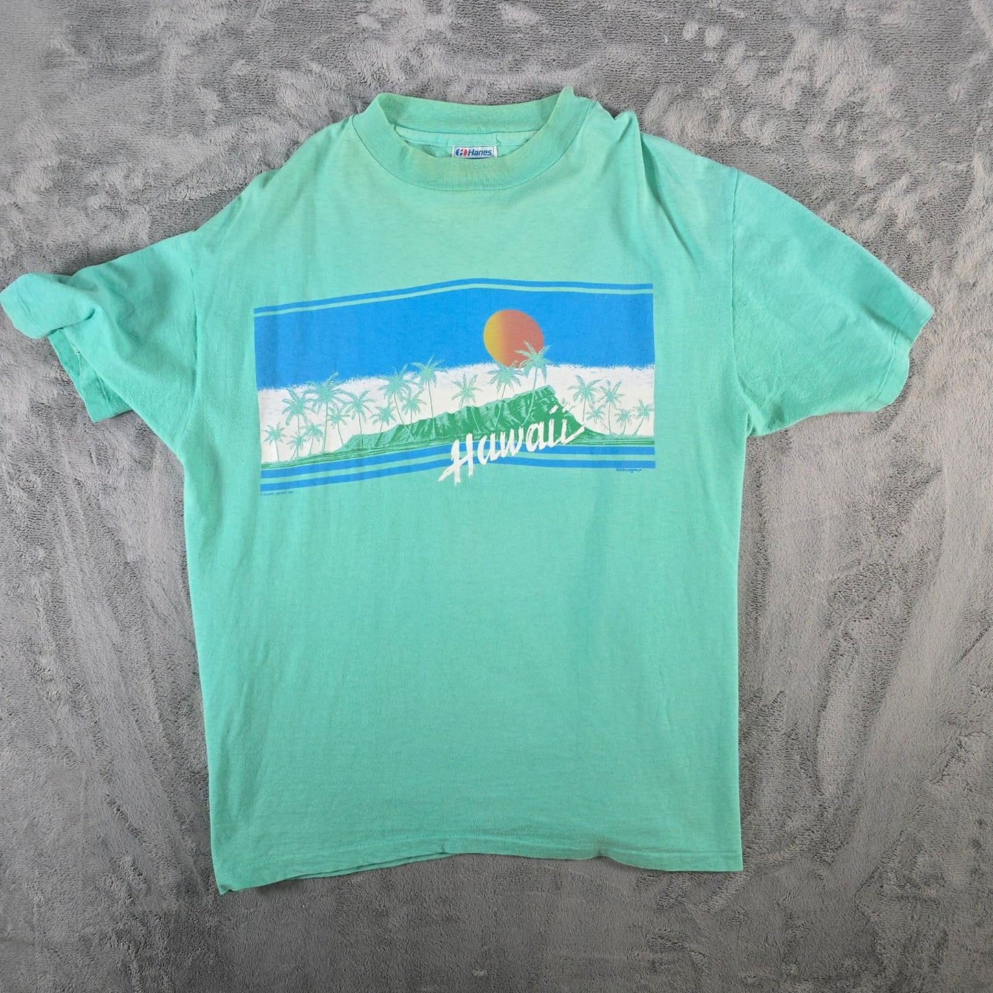 Vintage 1980s Hanes Beefy-T Seafoam Green Hawaii Tourist T-Shirt (L/XL) *Flaws