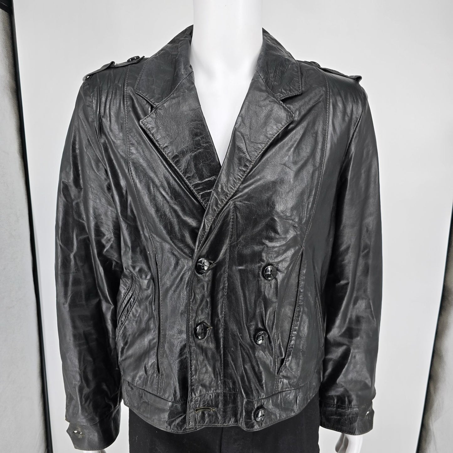 Vintage 1980s Oleg Cassini Mens Double Breasted Black Leather Jacket (Size 40/M)